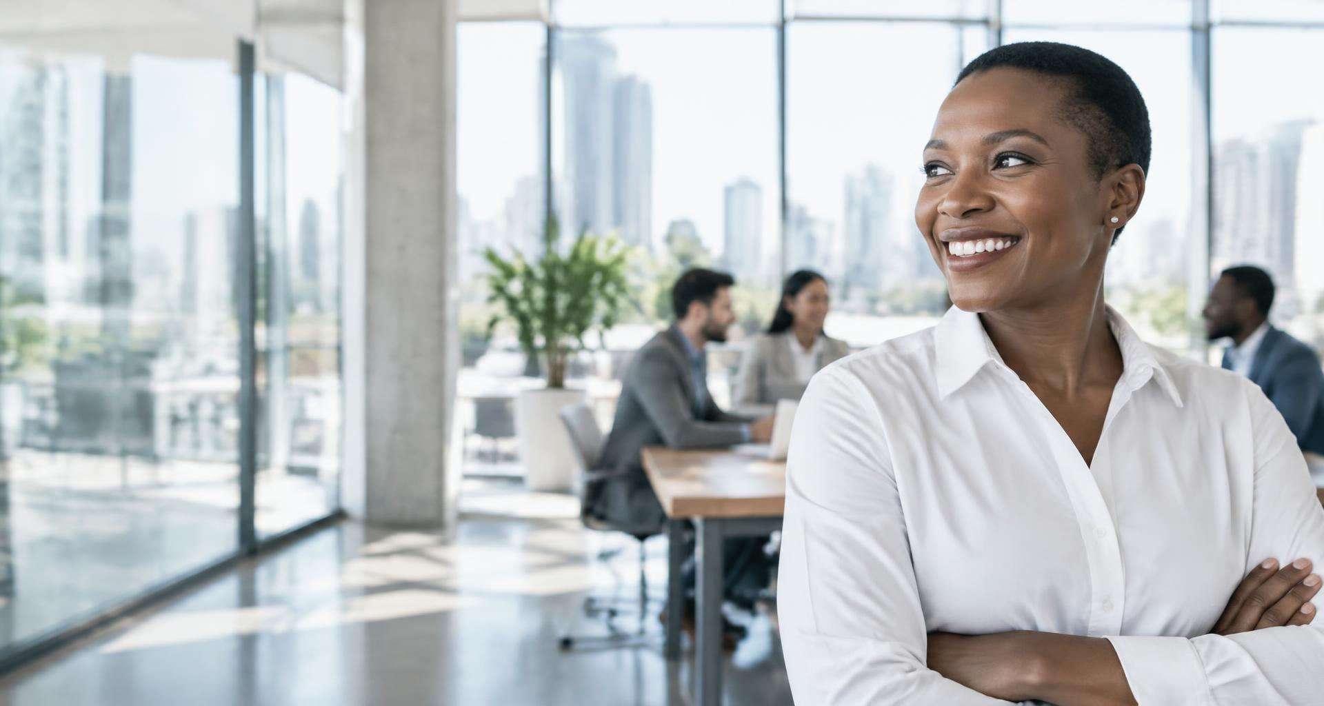 A smiling HR professional in a modern office